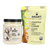 One jar of 500 grams Vegan Vanila Proteini beside one bag of 375 grams Pineapple Chia Cleanse against a white background
