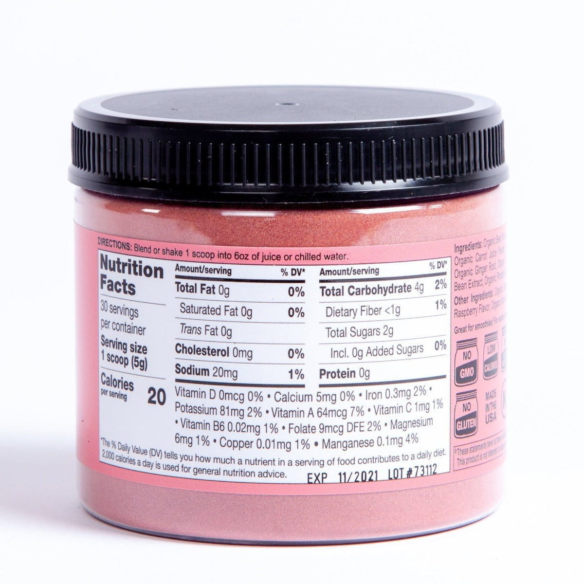 The nutrition facts of Revive Beet+Roots against a white surface.