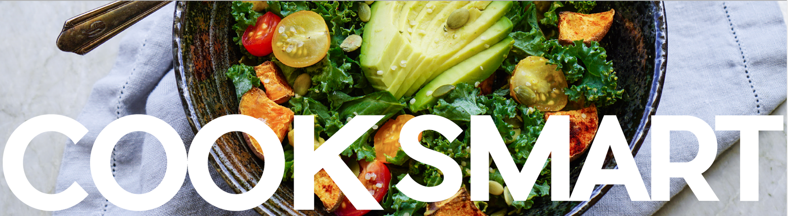 a bowl of Roasted Veggie Quinoa Bowl with slices of avocado, cheery tomatoes, kale, cubed roasted sweet potato with a text in the middle that says, "Cook Smart".