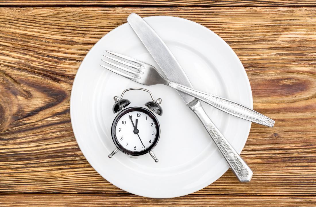 Image of a white plate with fork, knife, and a miniature clock on top. Set on a wooden top.