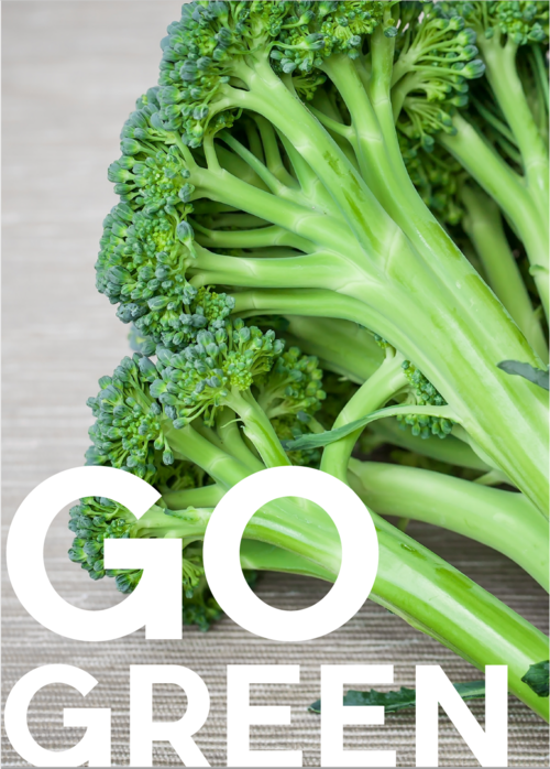 broccoli with a text that says, "Go Green".