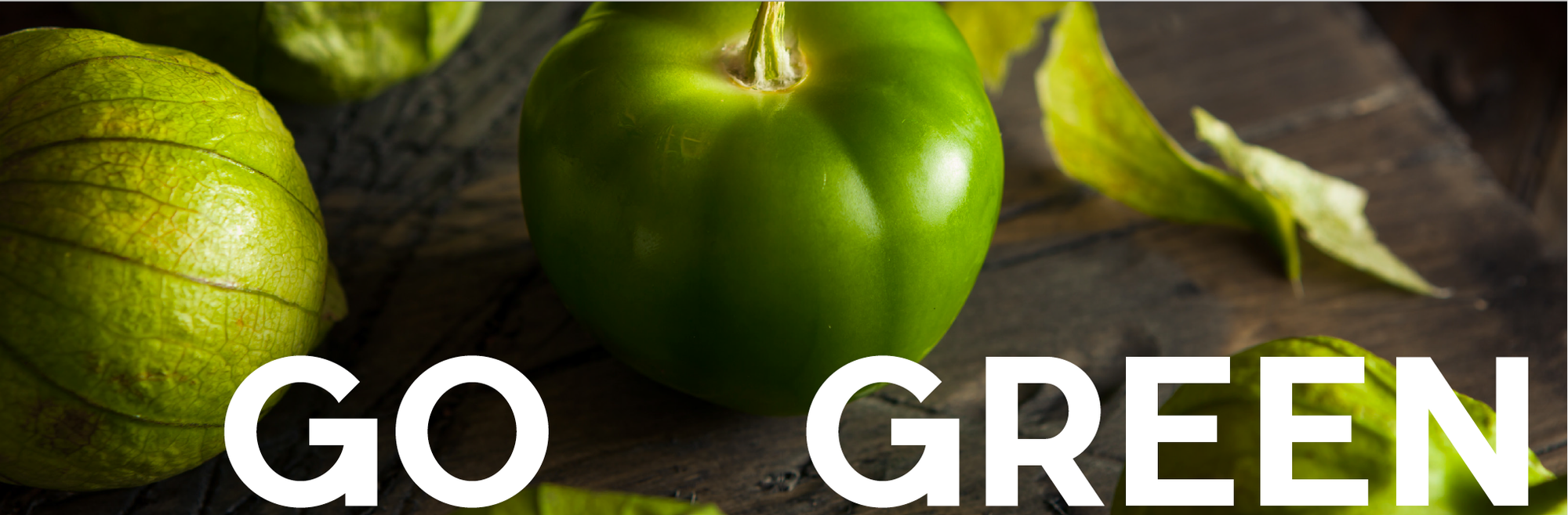 1 green bell pepper and 2 tomatillos on both sides with a text in the middle image that says, "Go Green".