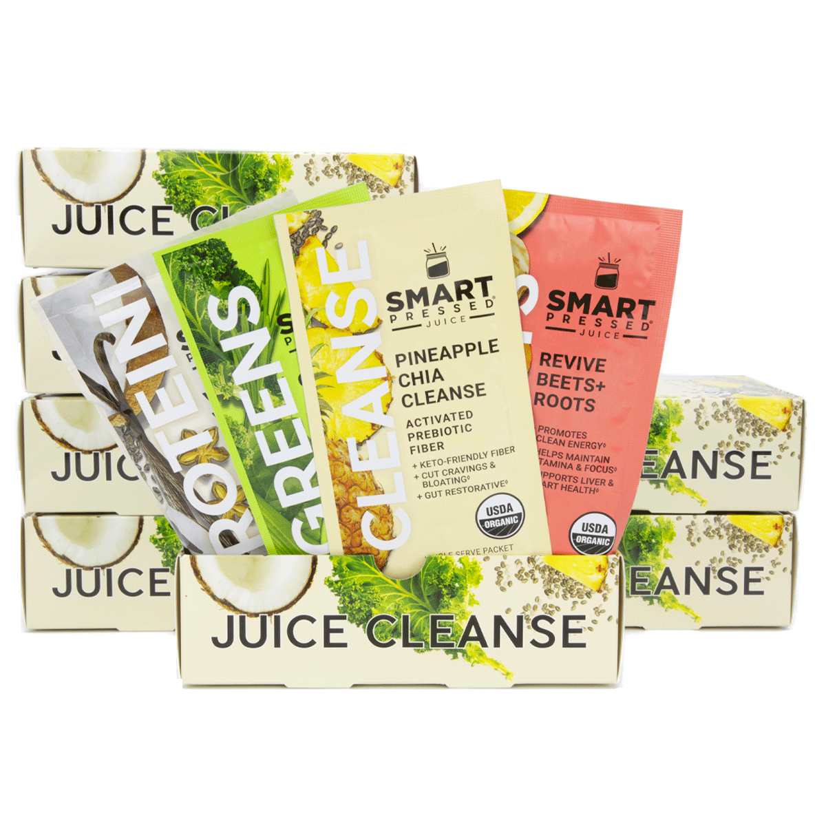 Single serving packs of Vegan Vanilla Proteini, Organic Pressed Greens, Pineapple Chia Cleanse, and Revive Beet+Roots in front of stacked boxes of Juice Cleanse against a white background.