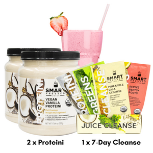 Two jars of Protein next to a glass of strawberry smoothie with a strawberry on the glass and a box of the 1 Day Juice Cleanse with juice packets visible. There is text at the bottom which reads 2 times Proteini, 1 time 7 Day Cleanse.