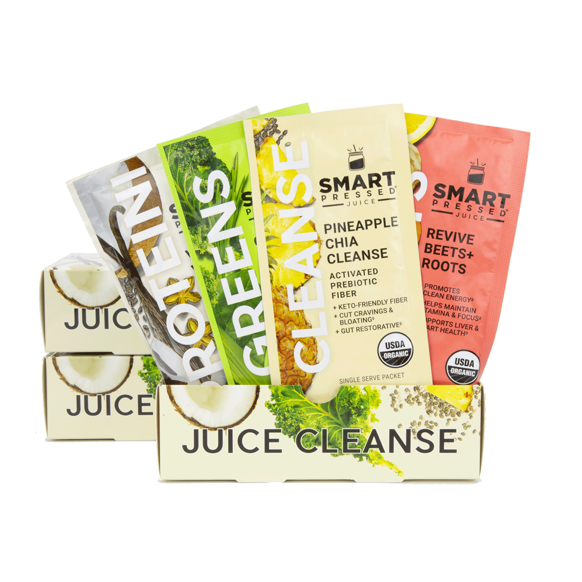 Four single serving sachets of Vegan Vanilla Proteini, Organic Pressed Greens, Pineapple Chia Cleanse, and Revive Beet+Roots side by side in a Juice Cleanse box against a white background.