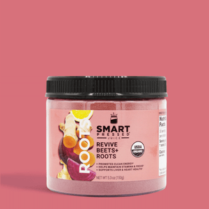 1 jar of 150 grams of Revive Beet+Roots against a pink background.