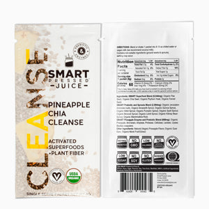 The front view of a single serving Pineapple Chia Cleanse beside a back view with nutrition facts against a white background.
