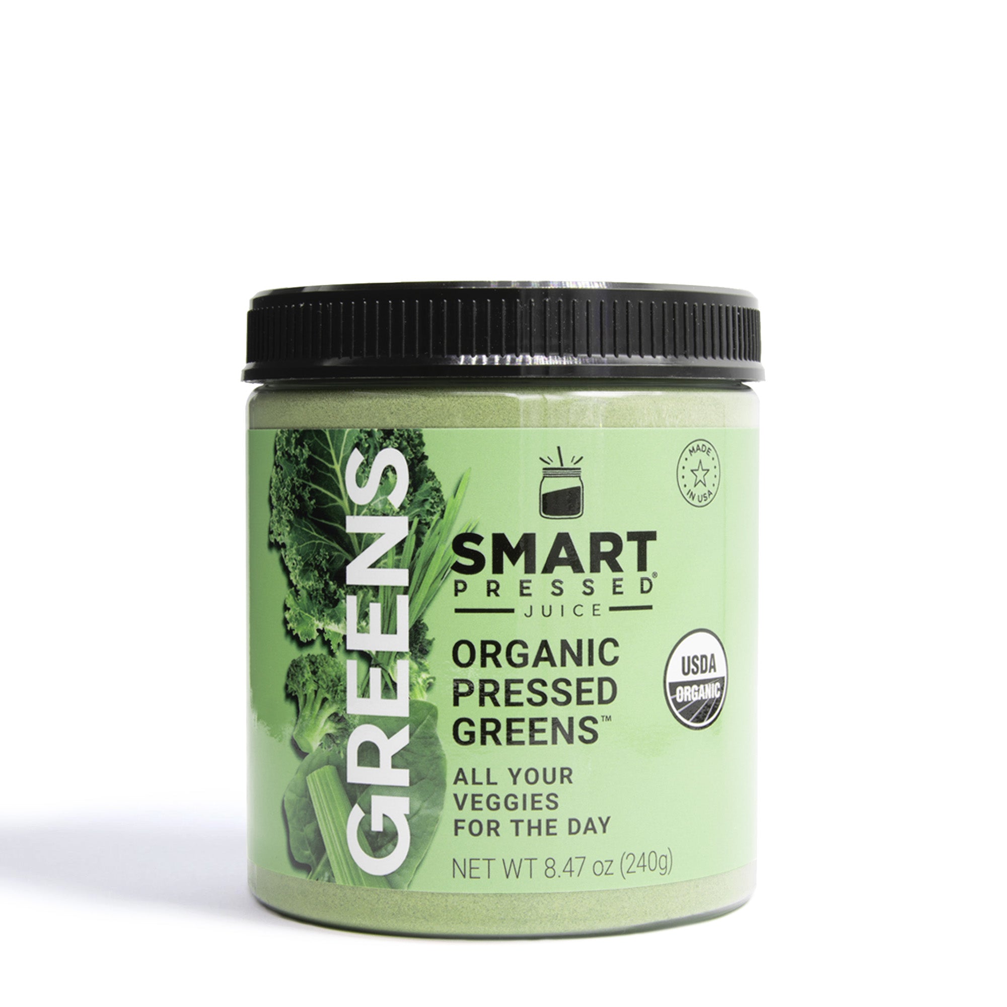 one jar of 240 grams Organic Pressed Greens against a white background.