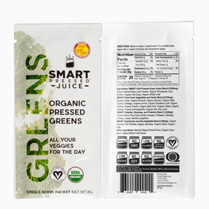 Front view of a single serving Organic Pressed Greens beside a back view with nutrition facts against a white background.