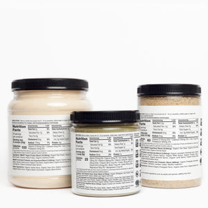 3 jars side by side with a nutrition facts against a white background.