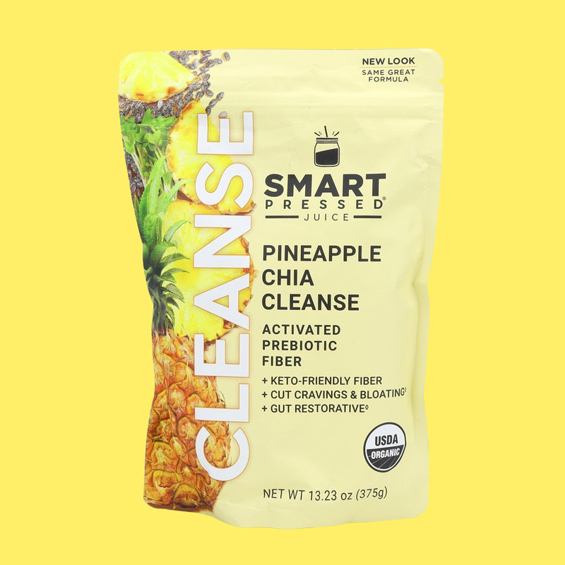One 375 gram gusset bag of Pineapple Chia Cleanse against a yellow background