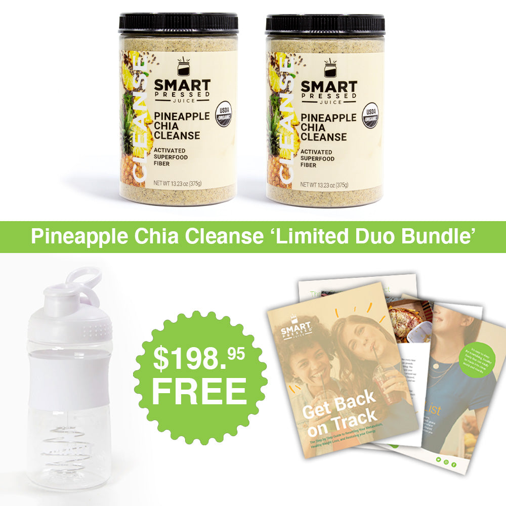 2  jars of 375 grams Pineapple Chia Cleanse. In the middle of the image is a text that says, "Limited Dou Bundle". Lower part of the image has a white water jug, a text that says $ 198.95 Free, and some magazines side by side against a white background.