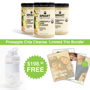 3 jars of 375 grams Pineapple Chia Cleanse. In the middle of the image is a text that says, "Limited Dou Bundle". Lower part of the image has a white water jug, a text that says $ 198.95 Free, and some magazines side by side against a white background.
