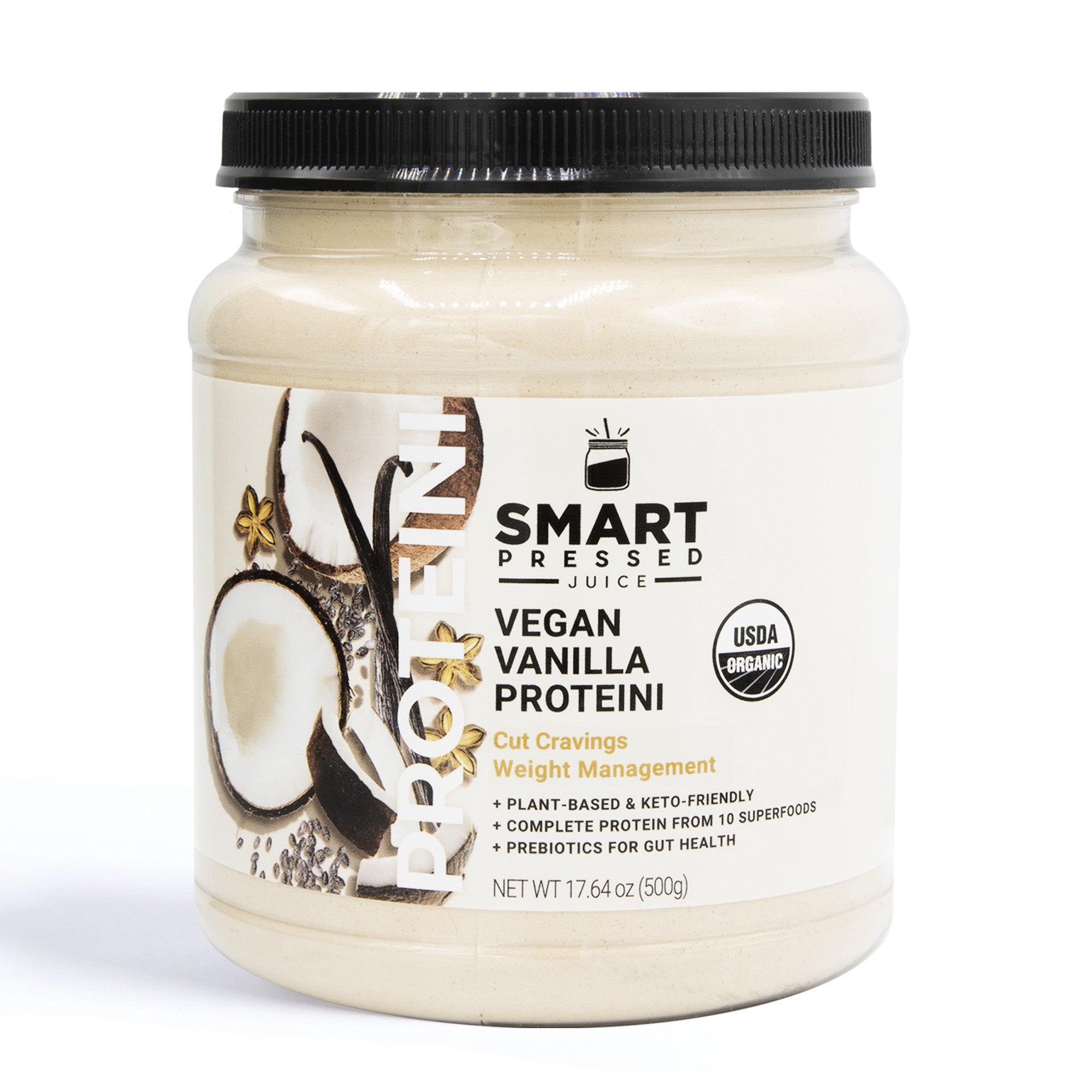 one jar of 500 grams of Vegan Vanilla Proteini against a white background.