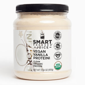 1 jar of 500 grams of Vegan Vanilla Proteini against a white background.