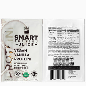 The front view of a single serving Vegan Vanilla Proteini beside a back view with nutrition facts against a white background.