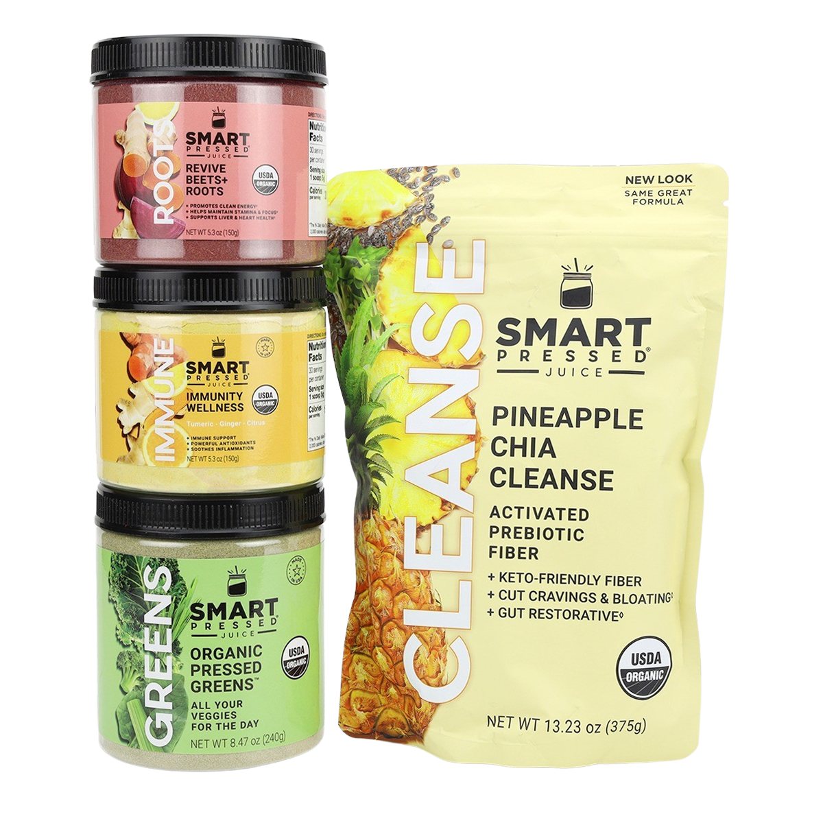 One jar of 150 grams Revive Beet+Roots stack on one jar of 150 grams of Immunity Wellness stacked on one jar of 240 grams Organic Pressed Greens and one gusset bag of 375 grams Pineapple Chia Cleanse against a white background