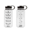 Bottle on the left has time markers from 8am to 12pm on the water bottle. Bottle on the right has ounce and milliliter markers displayed.