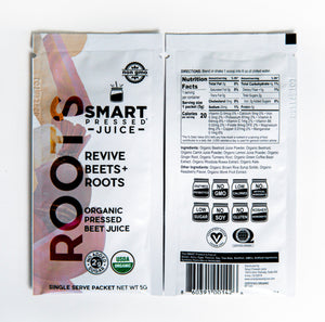 The front view of a single serving Revive Beet+Roots beside a back view with nutrition facts against a white background.